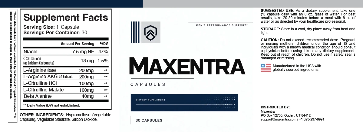Supplied Maxentra Supplement Facts label used as the basis for the ingredient table